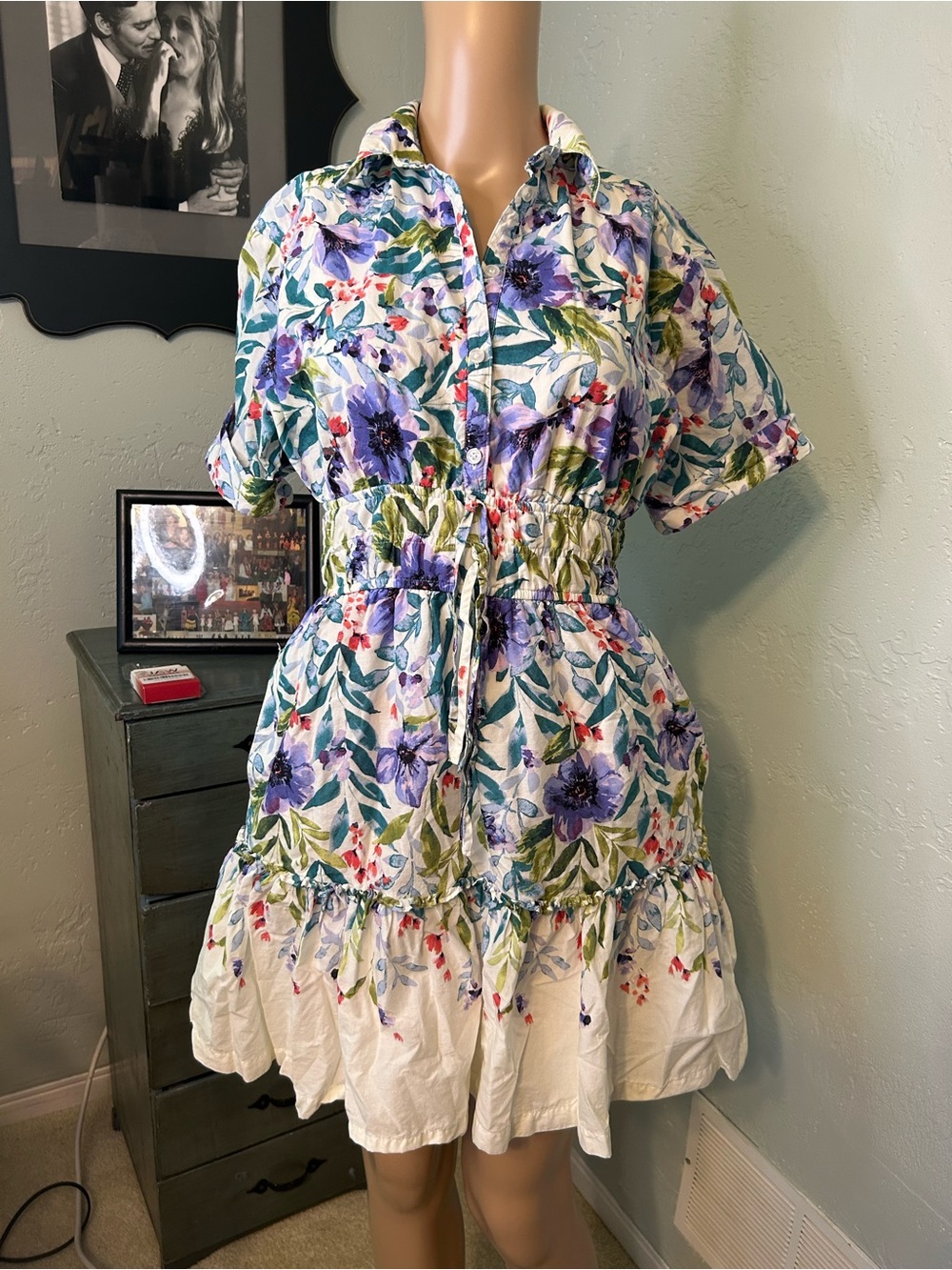 Maison Tara White Shirtdress with Purple & Green Floral Print